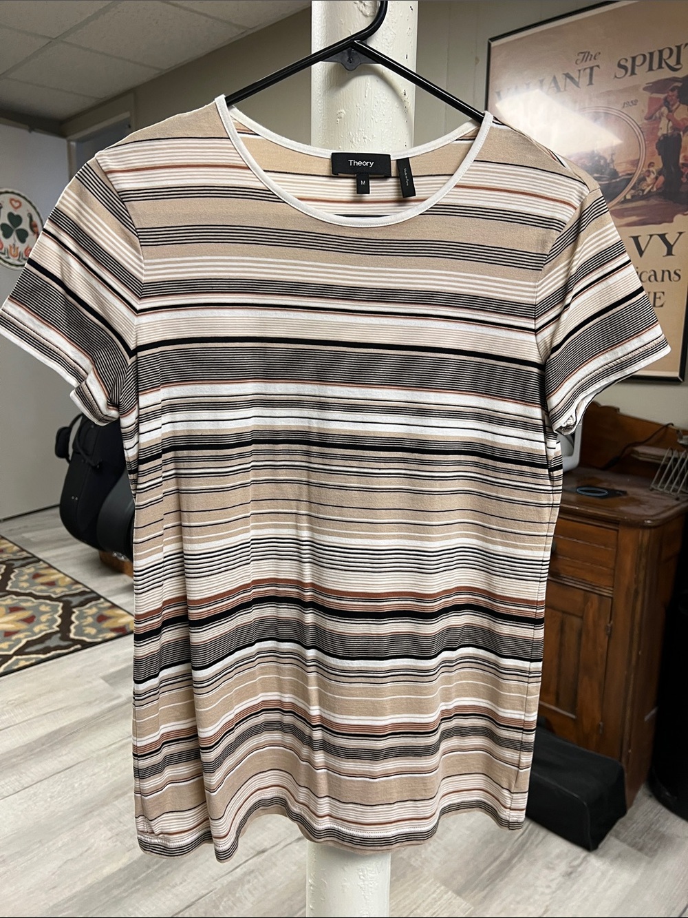 Theory Beige, Black & White Striped Crew Tee